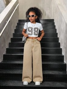 SHEIN 少女休闲都市Y2K星形图案卡其色优雅宽松牛仔裤，优雅简约百搭阔腿裤，秋冬季返校季街头风，舒适百搭，适合上学、居家和旅行，儿童宽松牛仔裤 - 卡其色 - 查看 6