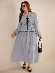 Elaquor 大码女式条纹荷叶边前系带灯笼袖衬衫和半裙两件套 - 黑與白 - 查看 6