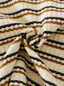 少女时尚针织条纹提花高领长袖T恤上衣，秋冬 - 杏色 - 查看 7