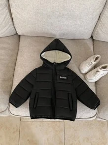 SHEIN Baby Boys Black Winter Thermal Lined Hooded Zip-Up Padded Coat, Casual All-Match Versatile Soft Comfortable Outerwear Suitable For Playing In Snow Fall - Black - View 6