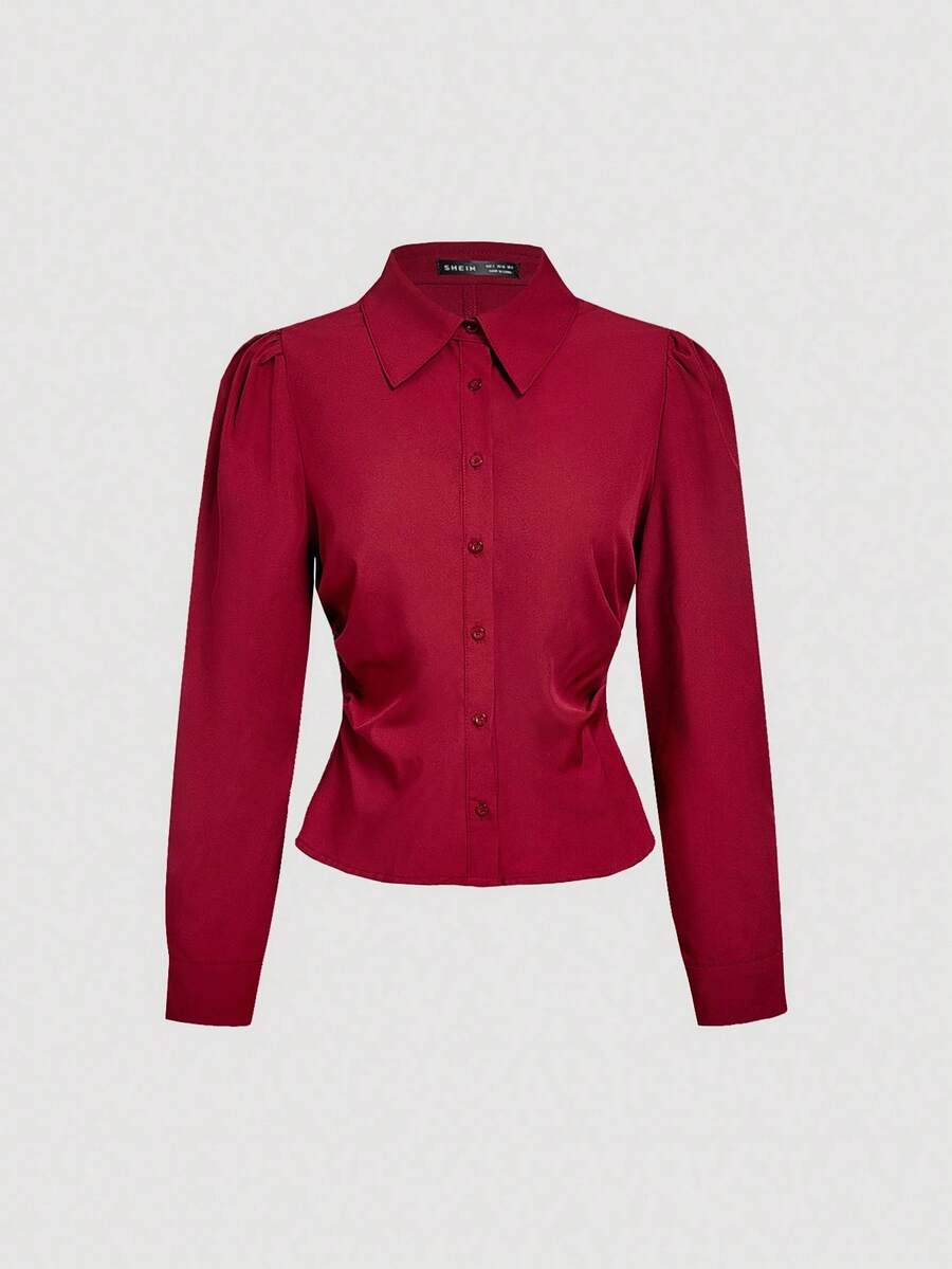 SHEIN MOD Áo sơ mi trắng dài tay có đai eo, dáng ôm, trang phục công sở thường ngày, mùa thu, áo cánh dài tay, áo sơ mi mùa thu, áo cổ chữ V, quần áo, áo sơ mi trở lại trường - Màu Đỏ Sâu - Xem 1