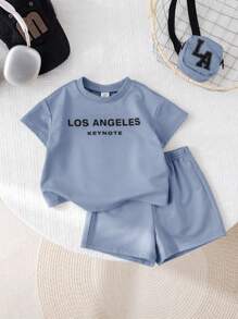 SHEIN 3pcs/Set Babybo Summer Casual Letter Print Short Sleeve T-Shirt, Elastic Waist Shorts, Bonus Crossbody Bag - Blue - View 6