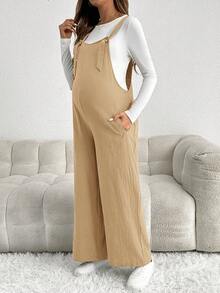 SHEIN 孕妇休闲可调节肩带宽松连体裤 - 卡其色 - 查看 5