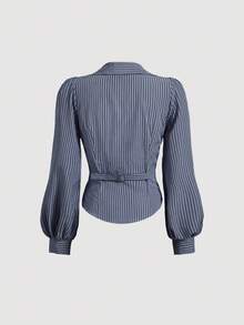 SHEIN MOD 翻领、泡泡袖和腰部褶皱条纹衬衫、正装衬衫、女式工作衬衫、V 领衬衫、秋季女式衬衫、女式翻领衬衫、商务女装、商务休闲女装 - 藏蓝色 - 查看 2