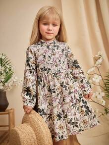 SHEIN Young Girl Floral Print Ruffle Hem Long Sleeve Dress - White - View 3
