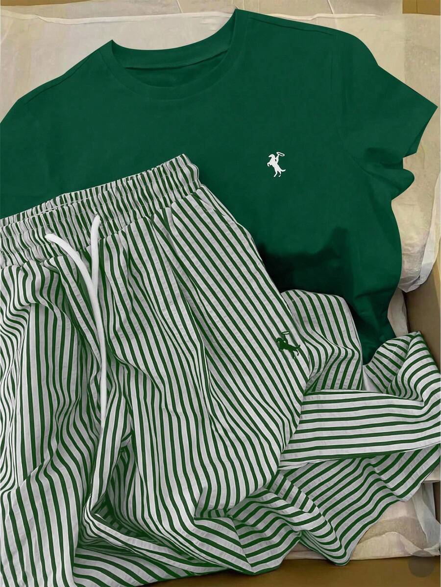 INAWLY Bộ áo thun tay ngắn màu trơn và quần sọc mùa hè - màu xanh lá - Xem 1