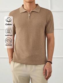 RueChic Men Textured Solid Half Zipper Regular Knitwear Polo - Beige - View 1