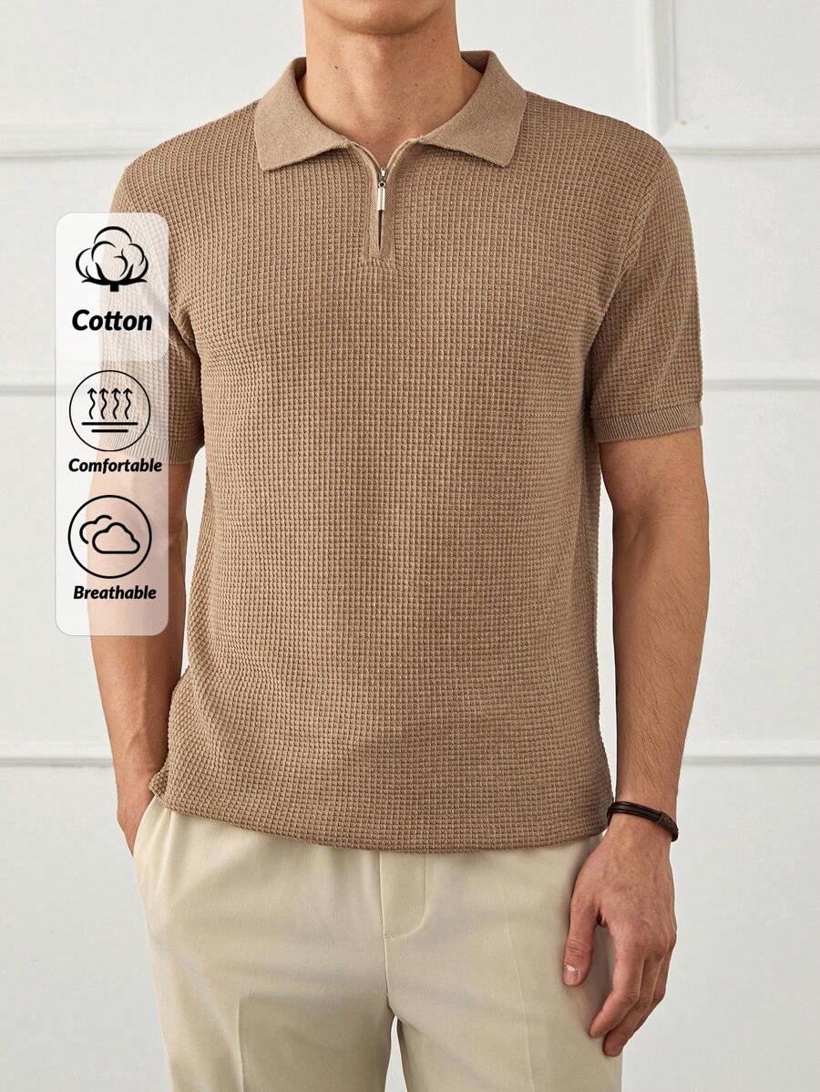 RueChic Men Textured Solid Half Zipper Regular Knitwear Polo - Beige - View 1