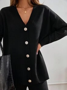 SHEIN Tall Completo da donna di grandi dimensioni composto da cardigan con dettagli in oro e pantaloni, 2 pezzi - nero - Visualizzare 5