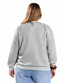 Solavibe Casual Minimalist Campus Style Back To School American Sports Graphic Loose Fit Round Neck Long Sleeve Sweatshirt For Plus Size Women - Light Grey - View 3