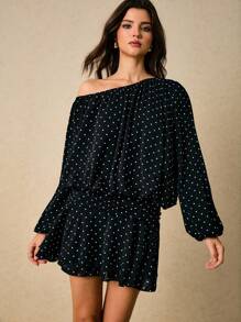 Poéselle 女式圆点印花露肩灯笼袖荷叶边下摆时尚迷你连衣裙 - 黑色 - 查看 7