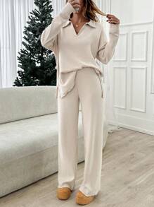 SHEIN Women's Brushed Ribbed Set, Casual, Chic - Beige - View 6