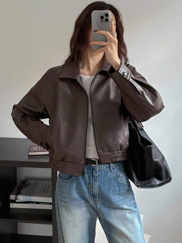 DAZY Nova Jaqueta de Couro Vintage da Primavera, Estilo Curto, Ajuste Regular, Jaqueta Feminina para o Dia dos Namorados, Outono e Inverno - Castanho - Visão 4