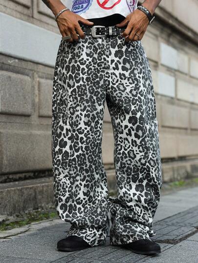 PAVTROS Manfinity Streetrush Fashionable Loose Fit Leopard Print Distressed Jeans, Casual American Style For Autumn