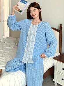 DAZY Plaid Contrast Ruffle Patchwork Lantern Sleeve Women Pajama Set, Fall Clothes - Blue - View 5