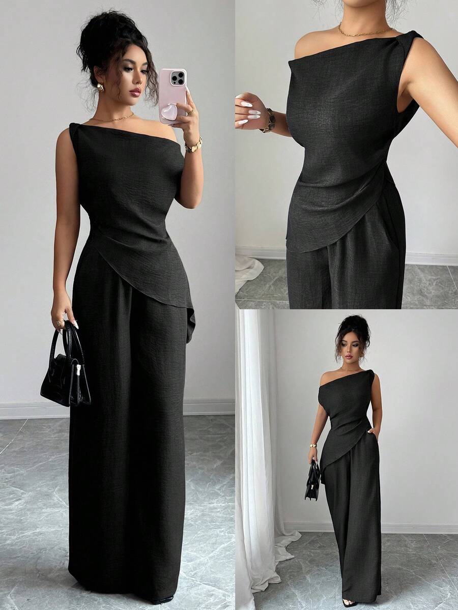 Elenzga 夏季新款韩版女装两件套，适合旅行和摄影，优雅深蓝色不对称肩上衣+高腰休闲裤 - 黑色 - 查看 1