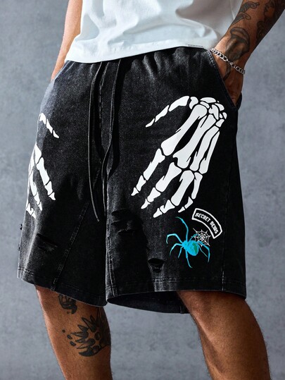 Goth Pantalones cortos lavados con cordón en la cintura y estampado de calavera oscura en la mano para hombres
