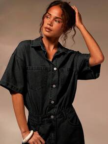 Athîral 女式 90 年代风格休闲青年布牛仔连体裤 - 黑色 - 查看 3