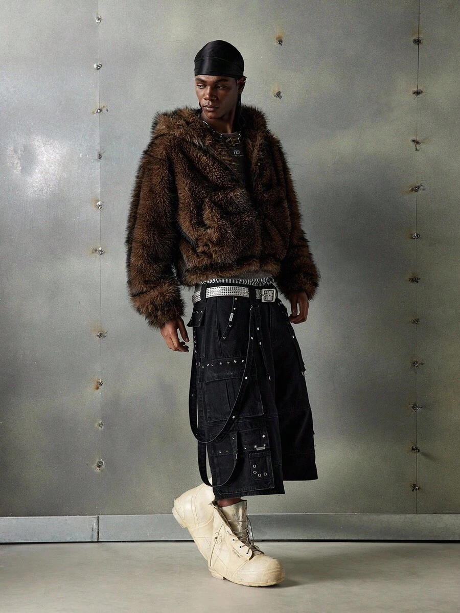 NEON BLANC Men's Long Sleeve Casual Warm Fluffy Faux Fur Coat For Winter - Coffee Brown - View 1