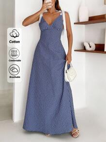 EURMUSE 女士，春季，夏季，长裙，系带肩，快乐，旅行，度假，格子，A字裙