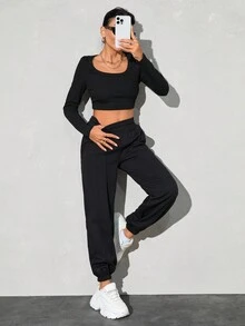 SHEIN PETITE Solid Elastic Waist Binding Detailed Sweatpants - Black - View 3