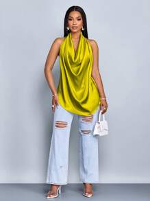 SOLERSUN Áo vest dệt vải dệt kim cổ chữ V sâu màu mơ bóng dành cho nữ mùa xuân và mùa hè, áo vest hở lưng, cổ bẻ, viền cong - màu xanh lá - Xem 4