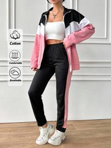 Cloudara Cotton Colorblock Drop Shoulder Zip Up Jacket & Sweatpants - Multicolor - View 1