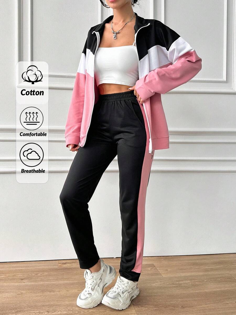 Cloudara Cotton Colorblock Drop Shoulder Zip Up Jacket & Sweatpants - Multicolor - View 1