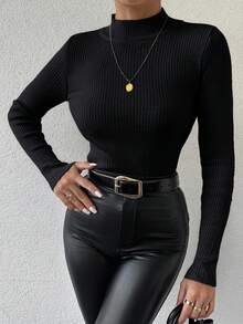 EURMUSE Mock Neck Rib Knit Jumper - Black - View 4