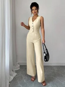 SHEIN Tall 女士休闲无袖背心和阔腿裤套装 - 杏色 - 查看 7