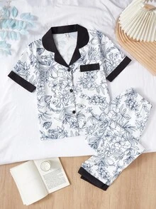 Set de pijama casual de 2 piezas con top de bloques de color y pantalones de corte relajado con estampado floral completo para niñas, primavera/verano