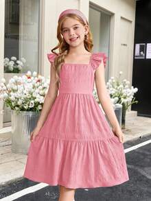 SHEIN Tween Girls' Ruffle Sleeve Bow Back Square Neck Textured Midi Dress - Baby Pink - View 2