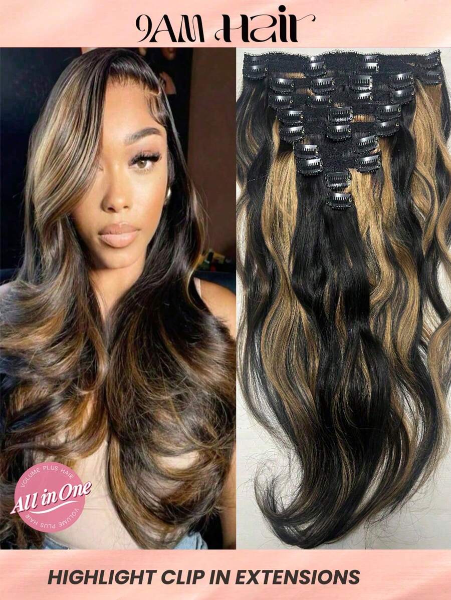 10 piezas/set 160g extensiones de cabello humano natural con onda y reflejos, ondas rizadas de color negro mezclado con marrón, extensiones de cabello con clips - SNATURAL/27 - Ver 1