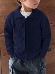 SHEIN 男童休闲扭花前拉链针织开衫 - 藏蓝色 - 查看 2