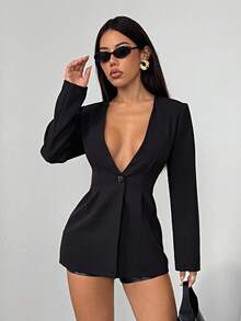 SHEIN PETITE Áo khoác blazer màu trơn cổ chữ V sâu tay dài cài nút thời trang cho nữ Áo khoác blazer màu đen Váy blazer cho nữ Váy blazer màu đen cho nữ Váy tuxedo cho nữ Áo khoác blazer màu đen cho nữ vào mùa thu/đông - màu đen - Xem 7