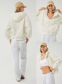 GLOWMODE Cozy Thick Polar Fleece Soft Warm Bomber Adjustable Drawstring Hoodie Windproof Ribbed Hem Cuffs Jacket With Side Pockets Daily Casual Winter - Beige - View 10