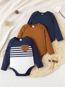 SHEIN 3件套新生儿男女通用纯色舒适休闲撞色拼接长袖连体衣和裤子套装，连体衣，适合室内、室外、日常、运动、玩耍、派对、拍照、度假等各种场合，四季皆宜。男婴连体衣套装，男婴长袖服装，3件装，婴儿套装，新生儿男婴服装，男婴秋季服装 - 彩色 - 查看 3