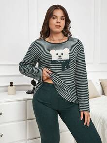 RueChic 2 pièces Ensemble de pyjama grande taille 100% coton rayé avec détail de broderie d'ours - Vert - Voir 3