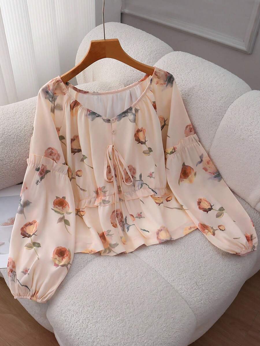 Blusa de manga larga con estampado floral, de corte holgado y cordón ajustable, para mujer de estilo casual - Multicolor - Ver 1