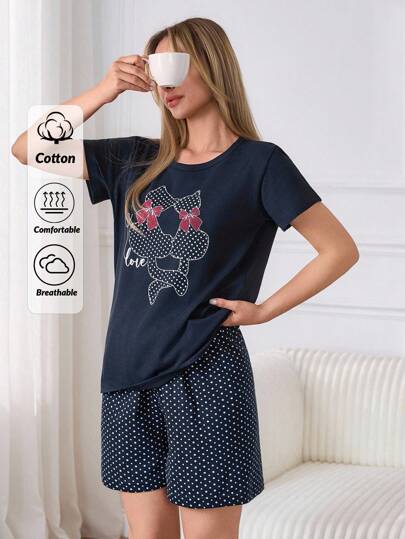 EURMUSE Set pigiama da casa in cotone 100% taglia comoda, composto da 2 pezzi: camicia a maniche corte con stampa a pois e animali, e pantaloncini corti con stampa a pois