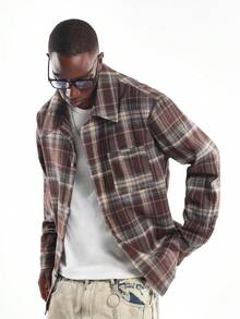 SUMWON Long Sleeve Button Down Plaid Flannel Regular Fit Casual Shirt Winter Fall Classic Collared - Brown - View 1