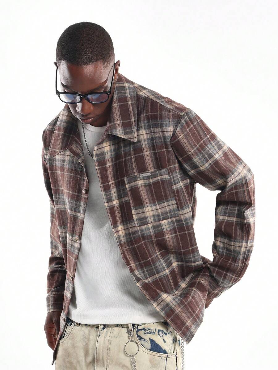 SUMWON Long Sleeve Button Down Plaid Flannel Regular Fit Casual Shirt Winter Fall Classic Collared - Brown - View 1