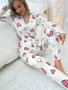 女士心形印花长袖睡衣连体裤可爱睡衣女士心形睡衣套装女士可爱睡衣女士心形睡衣粉色心形睡衣，秋季 - 粉色 - 查看 3