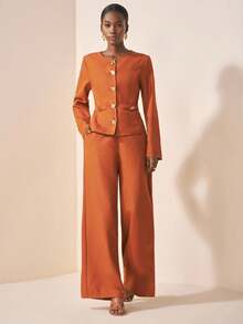 Zivah Conjunto de 2 piezas de lino en marrón rojizo, compuesto por: Chaqueta de manga larga con solapa asimétrica y decoración de botón de metal, cintura ceñida, y pantalón de pierna ancha. Nuevo lanzamiento para otoño/invierno 2025, ideal para festivales de música, graduación, uso diario, vacaciones en la playa, streetwear y elegante para ir al trabajo.