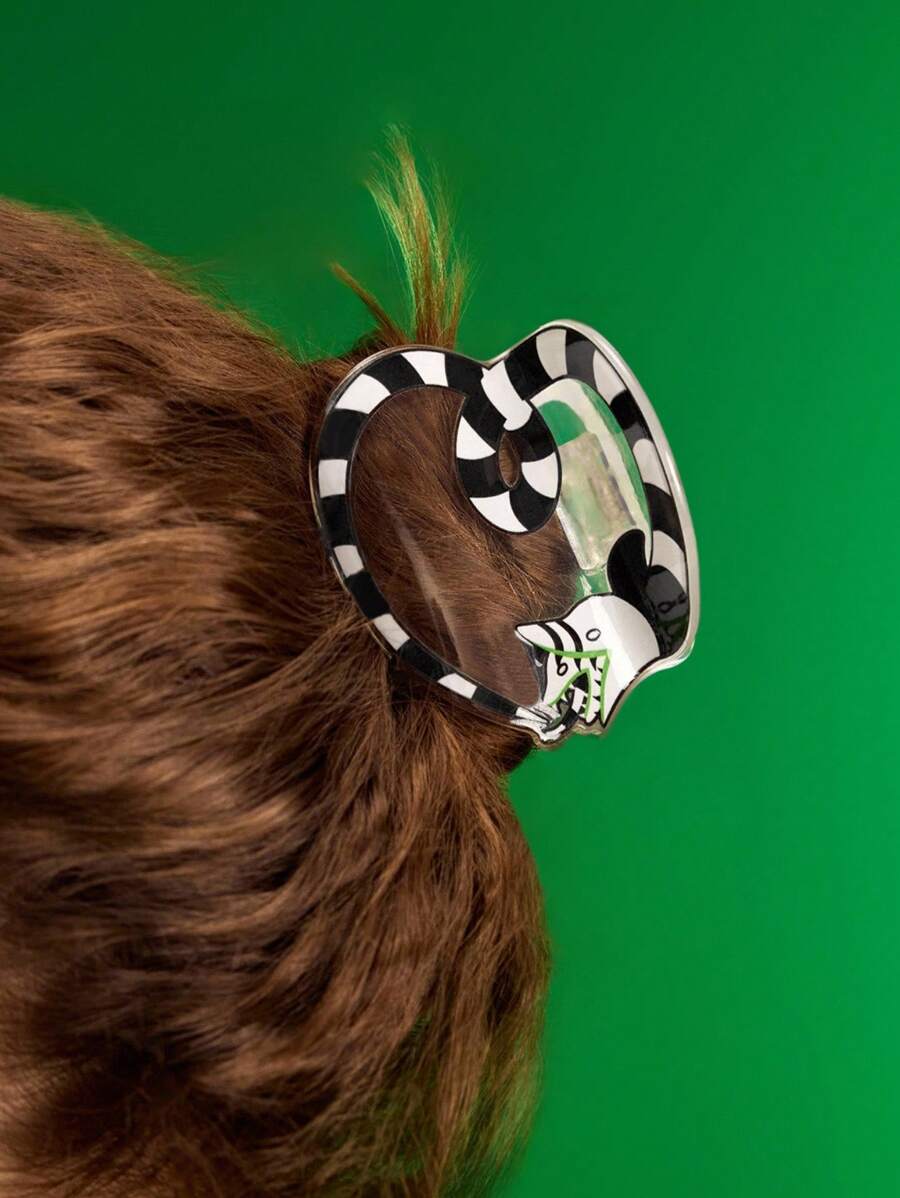 Beetlejuice X SHEIN 时尚条纹心形黑白发夹，适合居家、沐浴、美容、发髻发型、哥特风、角色扮演 - 無色 - 查看 1