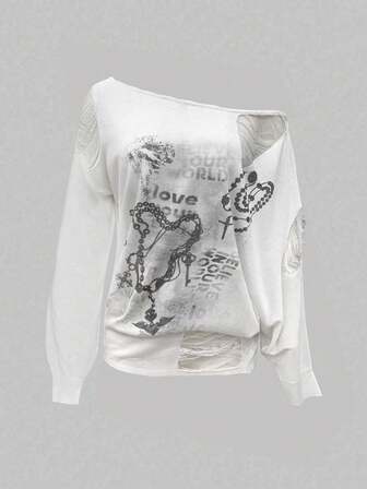 Grunge Punk Romantic Punk Letter Print Distressed Asymmetric Batwing Sleeve Loose Knit Sweater For Women