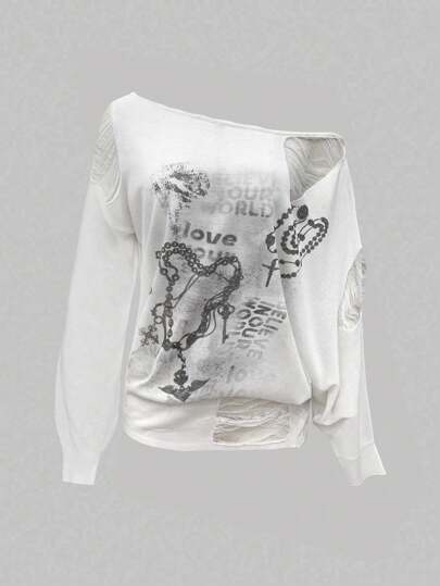 Grunge Punk Suéter holgado de punto con estampado de letras románticas punk, mangas asimétricas tipo murciélago y efecto desgastado para mujeres