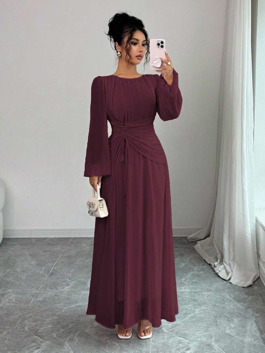 Elenzga Women's Spring/Summer French Romantic Sicily Elegant Casual Commute Vacation Afternoon Tea Party Round Neck Ruched Waist Drawstring A-Line Elastic Waist Long Sleeve Maxi Dress Fall Cloth For Women - Maroon - View 1