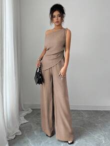 Elenzga 夏季新款韩版女士两件套，适合旅行和摄影，华丽深海蓝色不对称肩上衣和高腰修身休闲裤 - 卡其色 - 查看 4