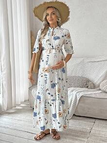 SHEIN 孕妇碎花荷叶边系领短袖连衣裙 - 白色 - 查看 3